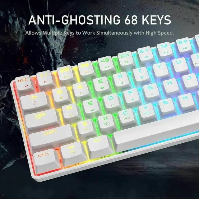 Alt view image 6 of 6 - Gaming Keyboard Mechanical 68 Keys Wired RGB Backlit Portable for PC PS4 Laptop Black White