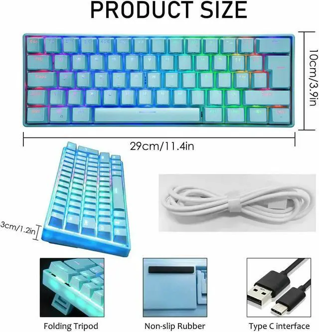 Alt view image 4 of 7 - RGB Mechanical Keypad, Wired Portable 61-Keys Gaming Keyboard For PC Black Blue