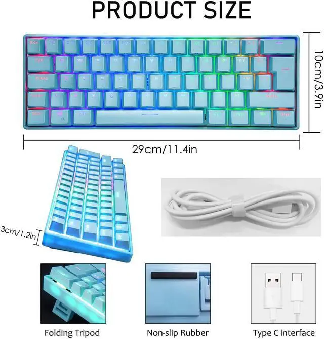 Alt view image 2 of 7 - RGB Mechanical Keypad, Wired Portable 61-Keys Gaming Keyboard For PC Black Blue