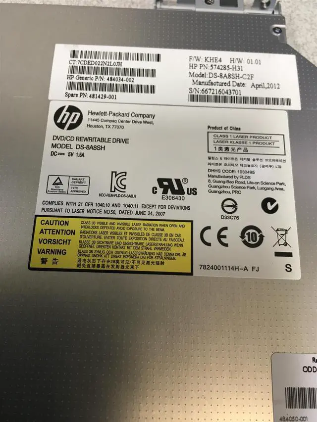 Alt view image 5 of 5 - HP 481429-001 12.7mm SATA Slimline DVD-RW Internal Optical Drive, DS-8A8SH-C2F/ 484034-002
