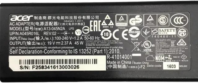 Alt view image 2 of 3 - Acer A13-045N2A AC Adapter 19V A045R016L
