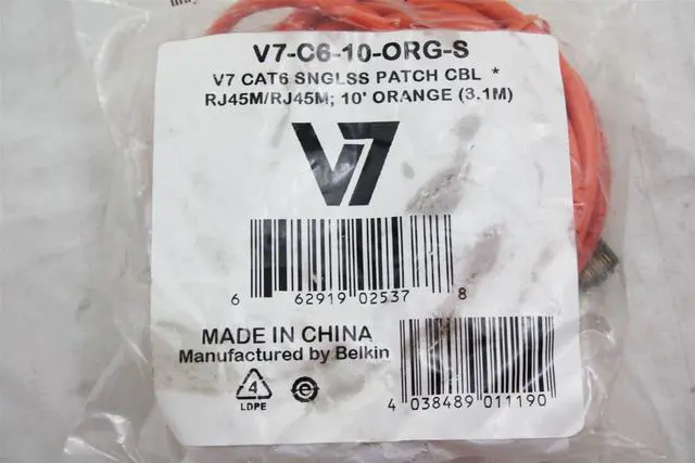 Alt view image 2 of 3 - NEW V7 Cat6 RJ45 M/M Patch Cable 10Ft Orange Snagless Molded V7-C6-10-ORG-S
