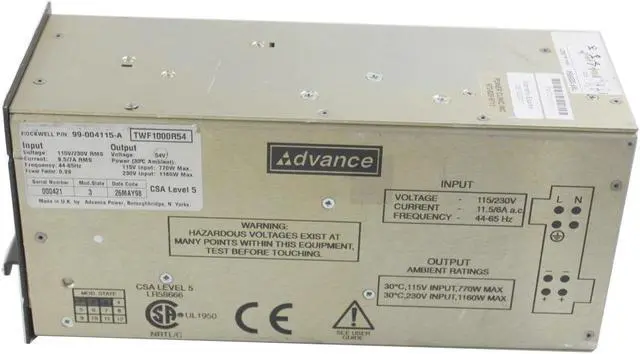 Alt view image 2 of 3 - Rockwell Power Clinic Advance TWF1000R54 Server Power Supply 115-230V 770-1160W 99-004115-A 972-620-9711