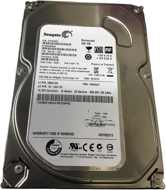 Alt view image 2 of 3 - Lenovo 45K0627 Seagate 1BD141-541 Barracuda 250GB, 0B58199 HARD DRIVE