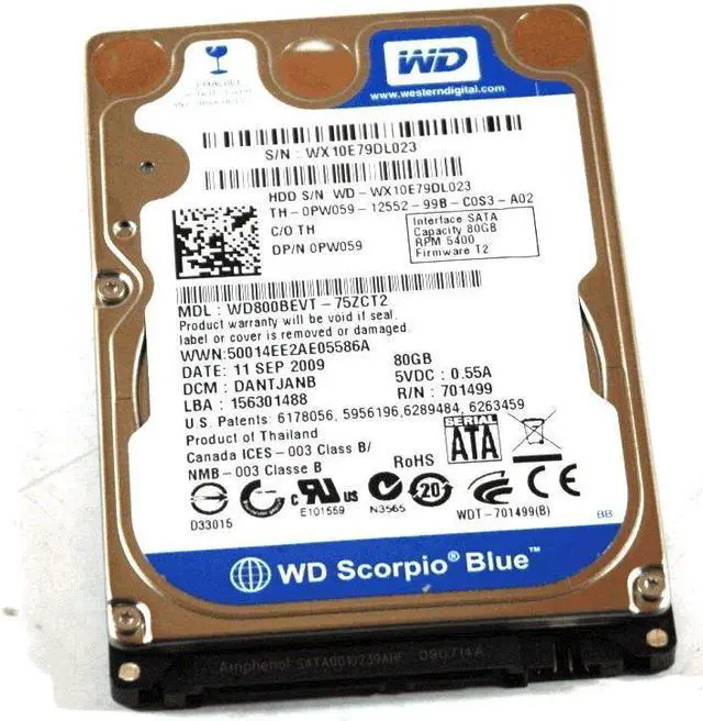 Alt view image 2 of 3 - Western Digital WD800BEVT-75ZCT2 Laptop Hard Drive PW059 0PW059 Scorpio Blue,2.5",80GB,SATA,5400 RPM