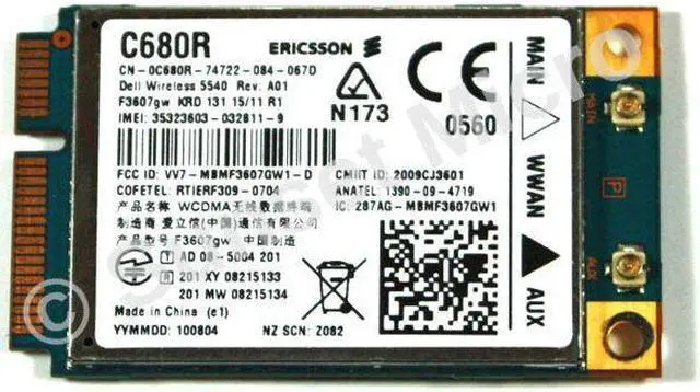 Main image of Dell Latitude 2110, E4200, E4310, E5410 Laptop Internal PCI Mini Wireless 5540 3G Card 0C680R