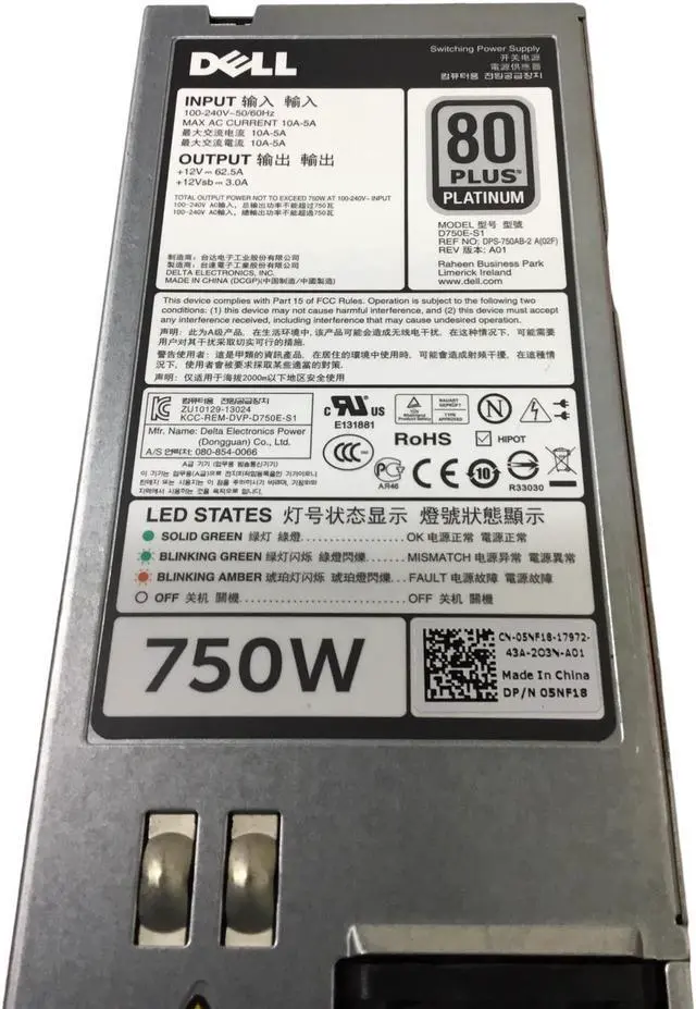 Alt view image 7 of 7 - Dell 750W 80 Plus Platinum Power Supply PSU 05NF18 for PowerEdge