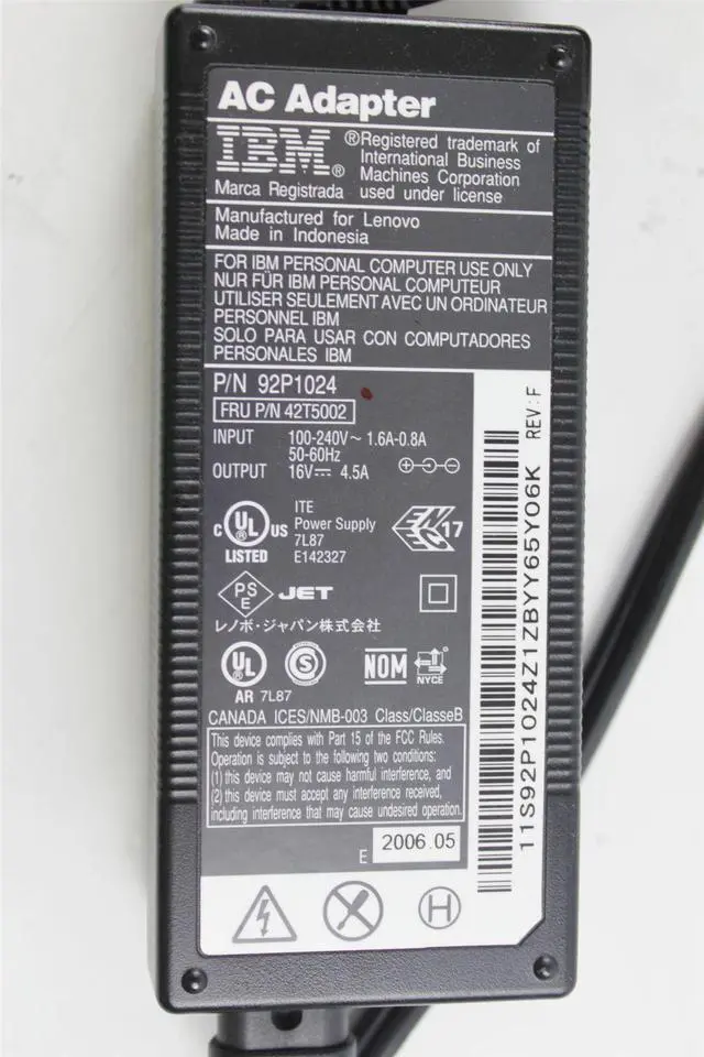 Alt view image 2 of 3 - Genuine IBM Thinkpad AC Adapter 100-240V 50-60-Hz 1.6A 16V 4.5A 92P1024 42T5002 02K6549 02K6749 02K6756 02K6807 AA21131