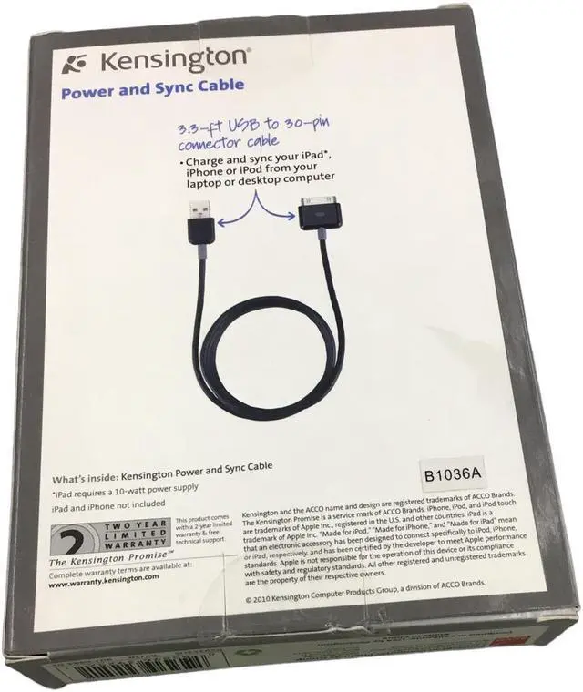 Alt view image 5 of 5 - Kensington Power and Sync Cable (iPod, iPhone, iPad) B1036A