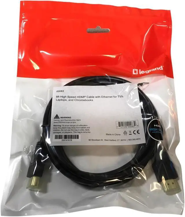 Alt view image 2 of 4 - Legrand 00083 8ft High Speed HDMI Cable with Ethernet for TVs, Laptops, and Chromebooks HDMI high speed W/ Ethernet
