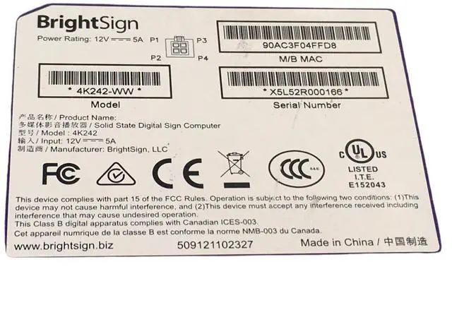 Alt view image 3 of 6 - BRIGHTSIGN 4K Model 4K242-WW Digital Signage Media Player No ( Power Adapter)
