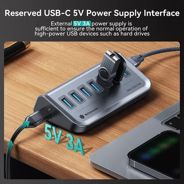 Alt view image 3 of 7 - Yottamaster USB 3.1 Hub 7 Ports, Powered USB Hub 5V/3A, Type C to USB 3.2 Gen2 Data Hub with USBC to USBA Adapter for Laptop, iMac, Surface Pro, XPS, USB Flash Drives, Mobile HDD, and More(1.6ft)