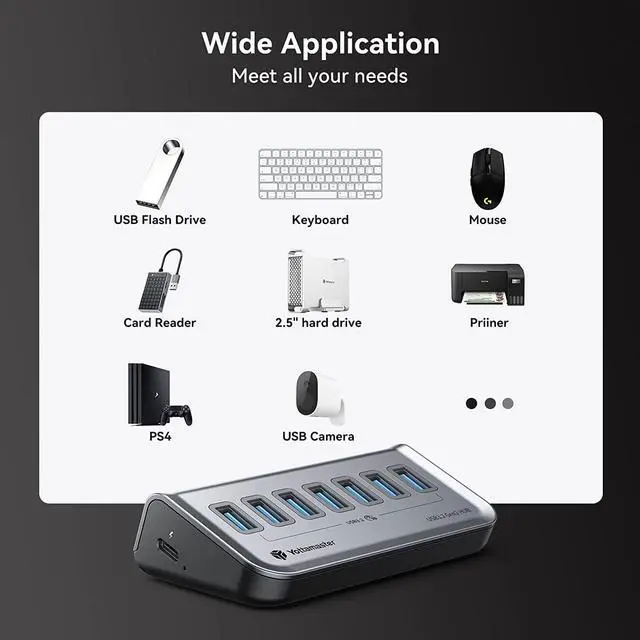 Alt view image 6 of 7 - Yottamaster USB 3.1 Hub 7 Ports, Powered USB Hub 5V/3A, Type C to USB 3.2 Gen2 Data Hub with USBC to USBA Adapter for Laptop, iMac, Surface Pro, XPS, USB Flash Drives, Mobile HDD, and More(1.6ft)