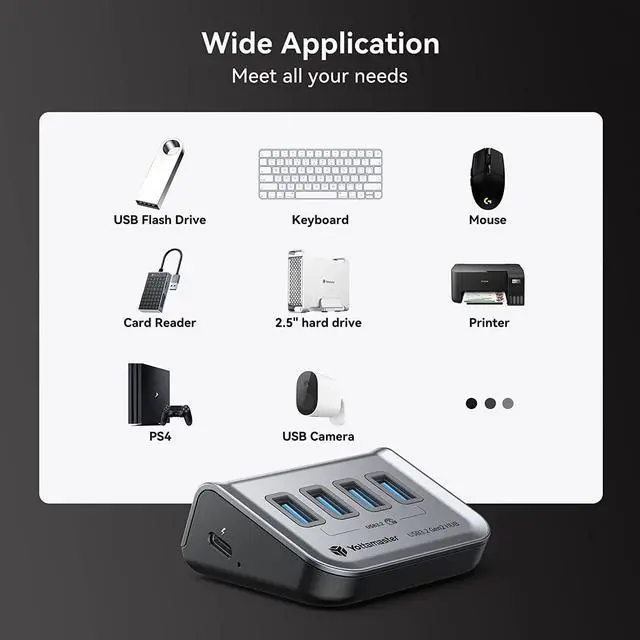Alt view image 4 of 7 - Yottamaster USB 3.2 Hub 4 Ports, Type C to USB 3.2 Gen2 10Gbps Data Hub with 4 USB-A, Powered USB Hub 5V/2A for Laptop, iMac, Surface Pro, XPS, USB Flash Drives, Mobile HDD, and More