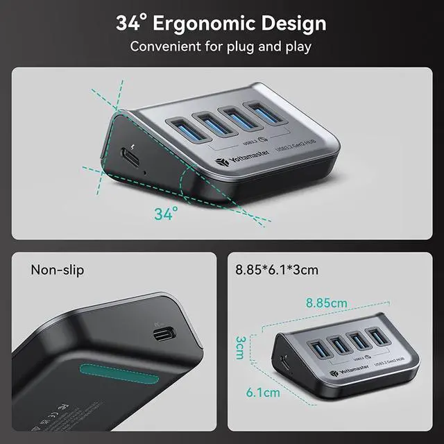 Alt view image 6 of 7 - Yottamaster USB 3.2 Hub 4 Ports, Type C to USB 3.2 Gen2 10Gbps Data Hub with 4 USB-A, Powered USB Hub 5V/2A for Laptop, iMac, Surface Pro, XPS, USB Flash Drives, Mobile HDD, and More