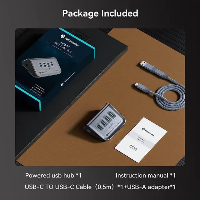 Alt view image 7 of 7 - Yottamaster USB 3.2 Hub 4 Ports, Type C to USB 3.2 Gen2 10Gbps Data Hub with 4 USB-A, Powered USB Hub 5V/2A for Laptop, iMac, Surface Pro, XPS, USB Flash Drives, Mobile HDD, and More