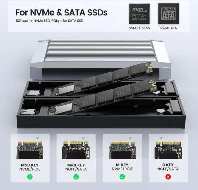 Alt view image 4 of 7 - Yottamaster M.2 MVME SATA SSD Enclosure Adapter (Dual Bay), USB 3.1 Gen 2 10Gbps MVME, 6Gbps SATA External Solid State Enclosure, with 2 in 1 USB C Cable for M Key/B Key/B+M Key SSD