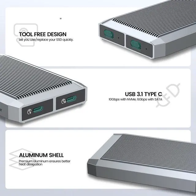 Alt view image 5 of 7 - Yottamaster M.2 MVME SATA SSD Enclosure Adapter (Dual Bay), USB 3.1 Gen 2 10Gbps MVME, 6Gbps SATA External Solid State Enclosure, with 2 in 1 USB C Cable for M Key/B Key/B+M Key SSD