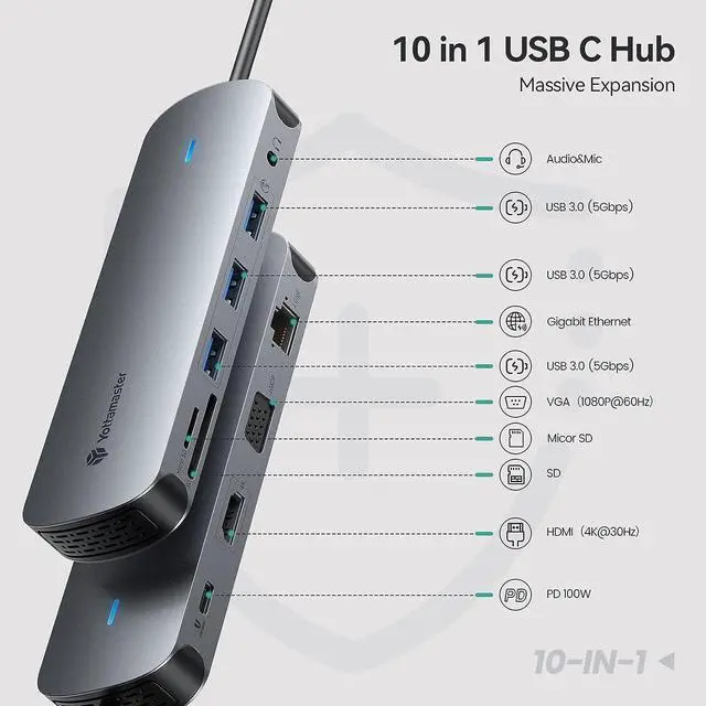 Alt view image 2 of 7 - Yottamaster 10 in 1 USB C hub Docking Station, USB C Hub with 4K HDMI, VGA, 3 USB 3.0, TF/SD Reader, Ethernet, Audio, 100W Power Delivery Compatible with MacBook, Surface, iPad or Other Type C Devices