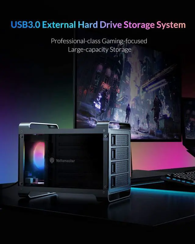 Alt view image 2 of 7 - Yottamaster 4 Bay Hard Drive Enclosure,Aluminum Alloy 2.5"& 3.5" SATA HDD/SSD External HDD SSD Storage Enclosure with 80mm RGB Silent Fan,Supports 4X18TB Capacity for PC DIY Experts&Gamers