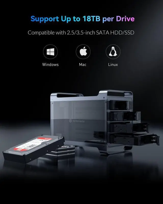 Alt view image 6 of 7 - Yottamaster 4 Bay RAID External Hard Drive Enclosure 2.5"&3.5" SATA HDD/SSD Enclosure with 80mm RGB Silent Fan,Supports 72TB Max and RAID 0/1/3/5/10/Span/Clone/Normal RAID Modes