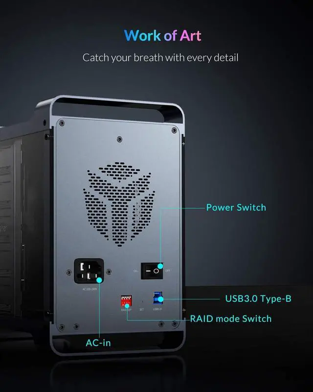 Alt view image 7 of 7 - Yottamaster 4 Bay RAID External Hard Drive Enclosure 2.5"&3.5" SATA HDD/SSD Enclosure with 80mm RGB Silent Fan,Supports 72TB Max and RAID 0/1/3/5/10/Span/Clone/Normal RAID Modes