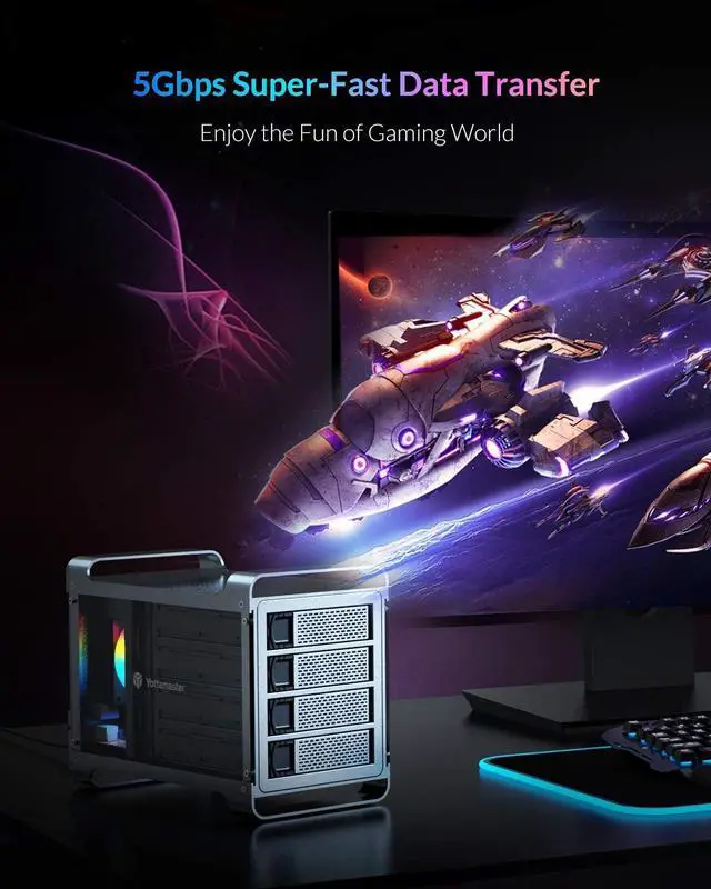 Alt view image 4 of 7 - Yottamaster 4 Bay RAID External Hard Drive Enclosure 2.5"&3.5" SATA HDD/SSD Enclosure with 80mm RGB Silent Fan,Supports 72TB Max and RAID 0/1/3/5/10/Span/Clone/Normal RAID Modes