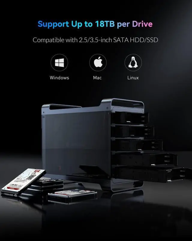 Alt view image 6 of 7 - Yottamaster 5 Bay Hard Drive Enclosure,Aluminum Alloy 2.5"& 3.5" SATA HDD/SSD External HDD SSD Storage Enclosure with 80mm RGB Silent Fan,Supports 5X18TB Capacity for PC DIY Experts&Gamers