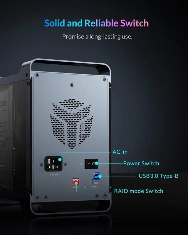 Alt view image 7 of 7 - Yottamaster 5 Bay RAID External Hard Drive Enclosure 2.5"&3.5" SATA HDD/SSD Enclosure with 80mm RGB Silent Fan,Supports 90TB Max and RAID 0/1/3/5/10/Span/Clone/Normal RAID Modes