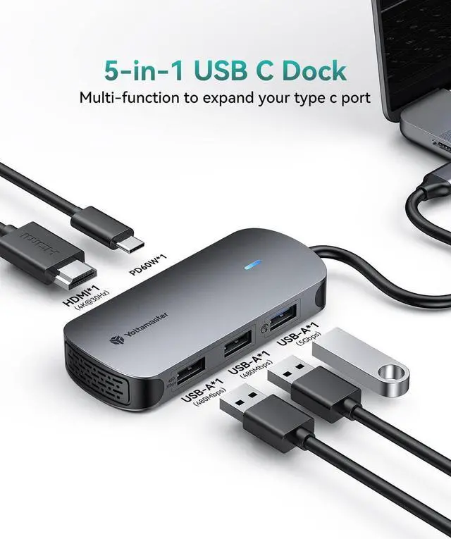 Alt view image 2 of 7 - USB C Docking Station, Yottamaster 5 in 1 USB C Dongle with HDMI 4K, PD60W, USB3.0, USB C Hub Multiport Adapter Compatible for MacBook and Other Type C Devices