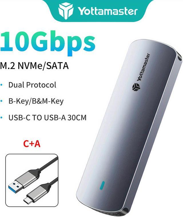 Alt view image 2 of 7 - Yottamaster M.2 NVMe and SATA SSD Enclosure USB 3.2 Gen 2 Protocols 10Gbps NVMe, 5Gbps SATA PCIe M-Key (B+M Key) Built-in Metal Heat Sink with C to A 2-in-1 Cable