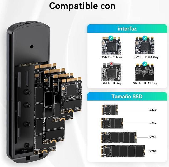 Alt view image 5 of 7 - Yottamaster M.2 NVMe and SATA SSD Enclosure USB 3.2 Gen 2 Protocols 10Gbps NVMe, 5Gbps SATA PCIe M-Key (B+M Key) Built-in Metal Heat Sink with C to A 2-in-1 Cable