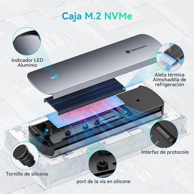 Alt view image 6 of 7 - Yottamaster M.2 NVMe and SATA SSD Enclosure USB 3.2 Gen 2 Protocols 10Gbps NVMe, 5Gbps SATA PCIe M-Key (B+M Key) Built-in Metal Heat Sink with C to A 2-in-1 Cable