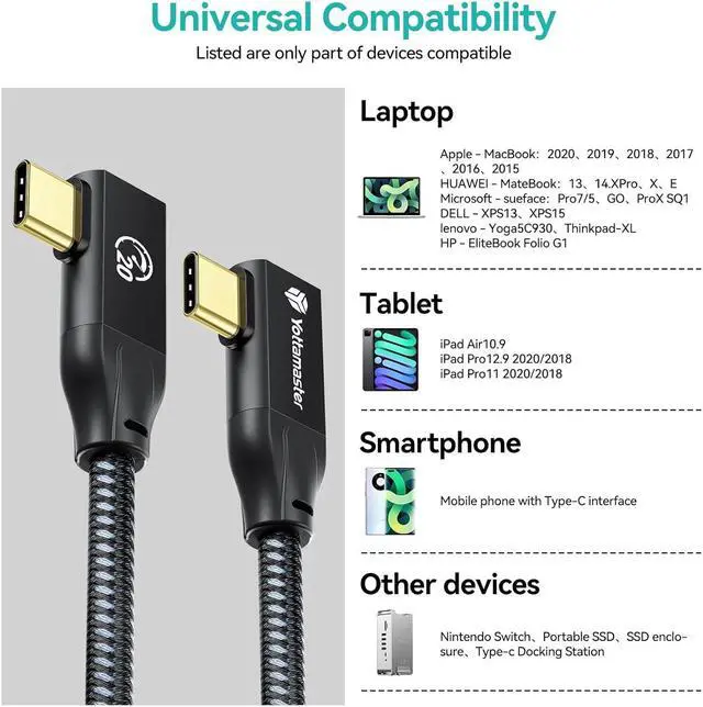 Alt view image 7 of 7 - Yottamaster USB C to USB C Cable Dual 90 Degree[20Gbps, 100W], USB3.2X2 Bradied USB C Charging Cable Right Angle with E-Marker Support 4K@60Hz, Fully Compatible with USB C Devices [3.3ft/1m]