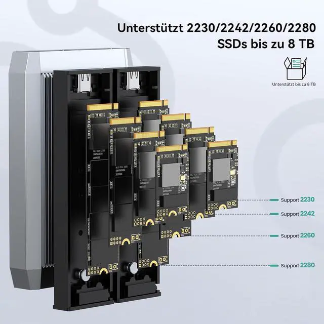 Alt view image 5 of 7 - Yottamaster Dual Bay NVMe Enclosure, Tool-Free USB C External NVMe SSD Enclosure Adapter Reader for M Key PCIe 2230/2242/2260/2280 M.2 SSDs Up to 2X4TB, Support Trim & UASP & Smart