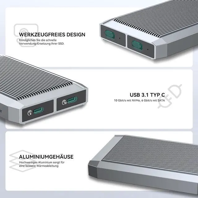 Alt view image 7 of 7 - Yottamaster Dual Bay NVMe Enclosure, Tool-Free USB C External NVMe SSD Enclosure Adapter Reader for M Key PCIe 2230/2242/2260/2280 M.2 SSDs Up to 2X4TB, Support Trim & UASP & Smart