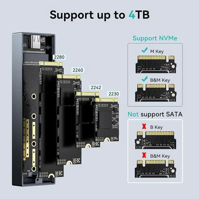 Alt view image 4 of 7 - Yottamaster 20Gbps M.2 NVMe Enclosure with Heatsink, USB3.2 Gen2x2 Type C Aluminum External NVMe SSD Caddy for B-Key and B&M Key 2230/2242/2260/2280 NVMe SSD-Grey