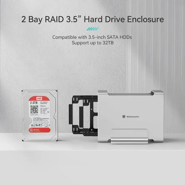 Alt view image 3 of 7 - Yottamaster 2 Compartment RAID Hard Drive Enclosure, Aluminium USB3.0 External SATA Hard Drive Enclosure for 3.5 Inch Hard Drives Support for RAID 0/1/SPAN, up to 32 TB