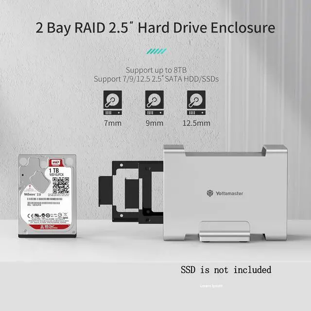 Alt view image 7 of 7 - 2 Bay RAID Hard Drive Enclosure, Yottamaster USB3.1 Gen2 Type C Aluminum External SATA HDD Enclosure with RAID 0/1/SPAN for 2.5" HDD, Support up to 8TB