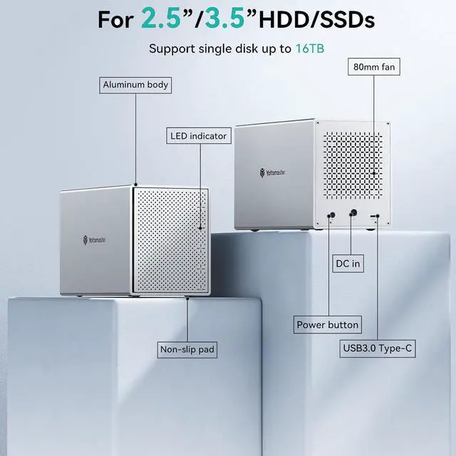 Alt view image 4 of 7 - Yottamaster 5 Bay 2.5 & 3.5 Inch SATA Hard Drive Enclosure, 6Gbps USB C HDD/SSD Enclosure with Fan, Up to 80TB(5x16TB) Direct Attached Storage (DAS) for Data Backup NAS Expansion