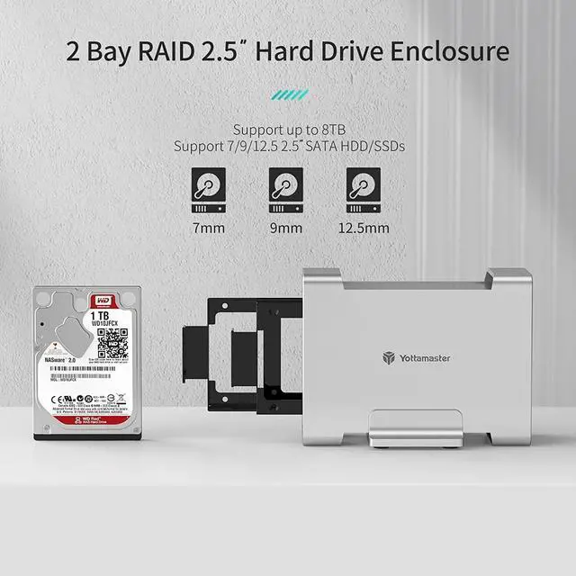 Alt view image 4 of 7 - Dual Bay 2.5" RAID Enclosure, Yottamaster Aluminum 2 Bay USB3.0 RAID Enclosure for 7/9/12.5mm 2.5" SATA SSD/HDD, External HDD SSD Enclosure Support RAID0/1/SPAN Modes,Up to 8TB - [DR2RU3-25]