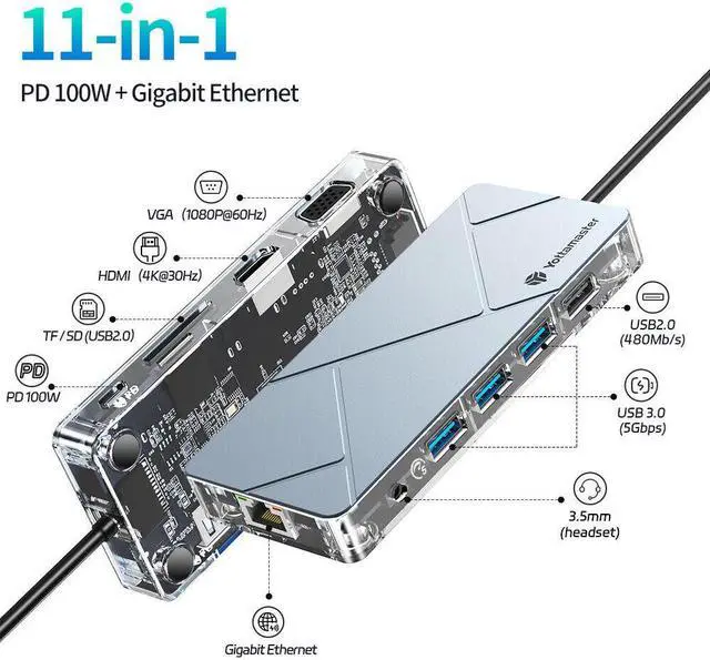 Main image of Yottamaster USB C Hub, 11 in 1 USB C Adapter with Gigabit Ethernet Port, PD Type C Charging Port, 4K HDMI, VGA, SD TF Card Reader, USB 3.0 Ports and Audio Mic Port Compatible for MacBook, ChromeBook M