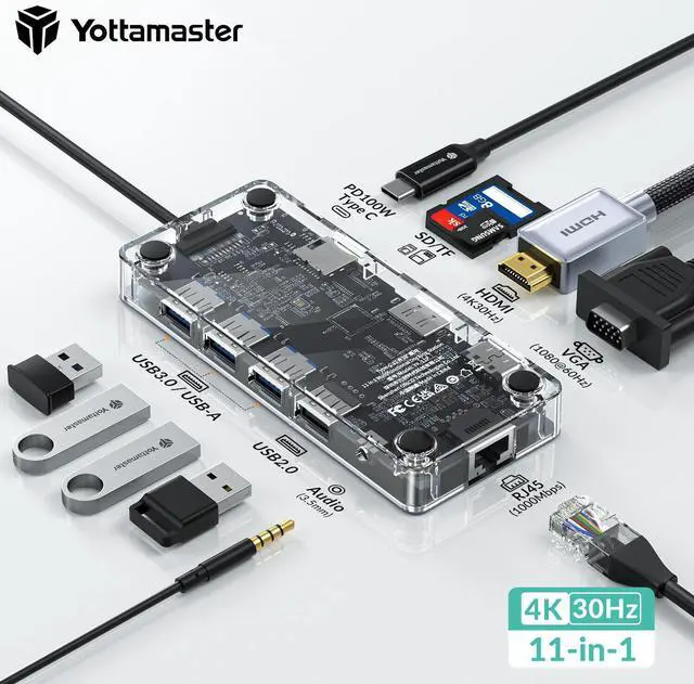 Alt view image 2 of 7 - Yottamaster USB C Hub, 11 in 1 USB C Adapter with Gigabit Ethernet Port, PD Type C Charging Port, 4K HDMI, VGA, SD TF Card Reader, USB 3.0 Ports and Audio Mic Port Compatible for MacBook, ChromeBook M