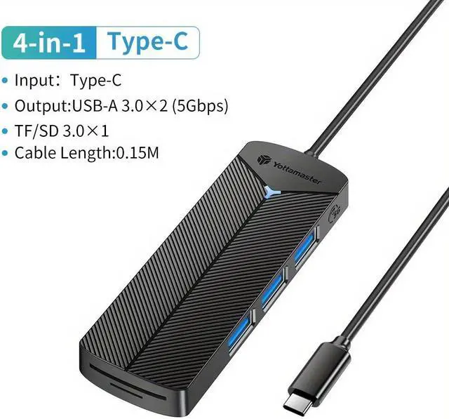 Alt view image 2 of 7 - Yottamaster 4 Port USB HUB Type USB C Splitter & SD TF Card Reader  USB C Adapter for MacBook Accessories Black USB 3.2 TF SD