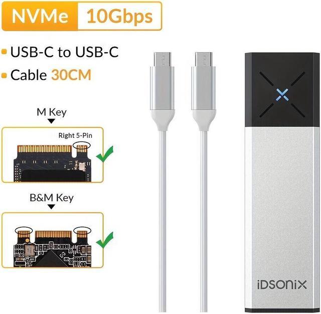 iDSOniX M.2 [NVMe & SATA] SSD Enclosure Adapter[Tool Free][Aluminum], NVMe  to USB 3.2 Gen 2 10Gbps, M.2 to USB C&A Supports M-Key/B+M Key, with UASP