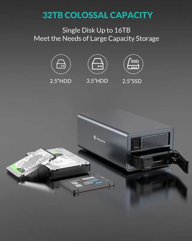 Alt view image 2 of 7 - Yottamaster 2 Bay RAID External Hard Drive Enclosure for 2.5" & 3.5" SATA Hard Drives, USB3.0 RAID Enclosure Support 36TB & RAID 0/1/JBOD/Clone/PM, RAID Drive Storage for Video Photo Backup [FS2RU3]