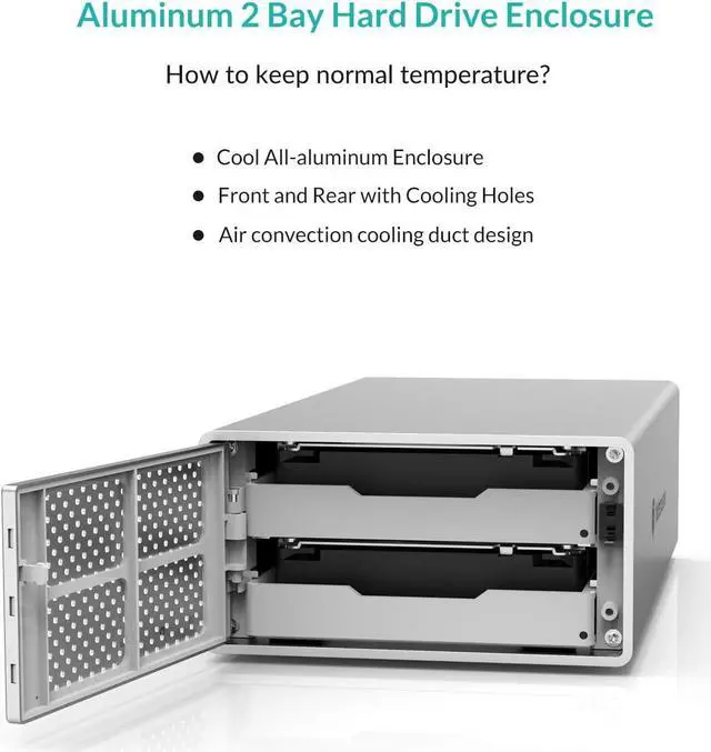 Alt view image 5 of 7 - Yottamaster Aluminum 3.5" 2 Bay Type C RAID Hard Drive Enclosure 10Gbps Support 32TB, RAID 1/JBOD/PM for 3.5/2.5 Inch HDD/SSD,Mac Style Designed for Personal Storage at Home&Office [PS200RC3]