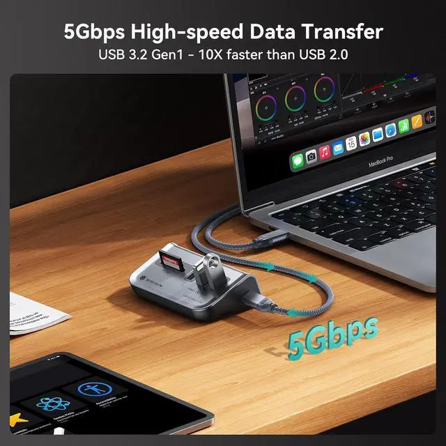Alt view image 5 of 7 - Yottamaster USB 3.0 Hub 5 Ports,USB Hub 5V/2A, Type C to USB 3.2 Gen1 Data Hub with 3USB-A & SD/TF Card Reader for Laptop, Mobile HDD, and More(1.6ft)