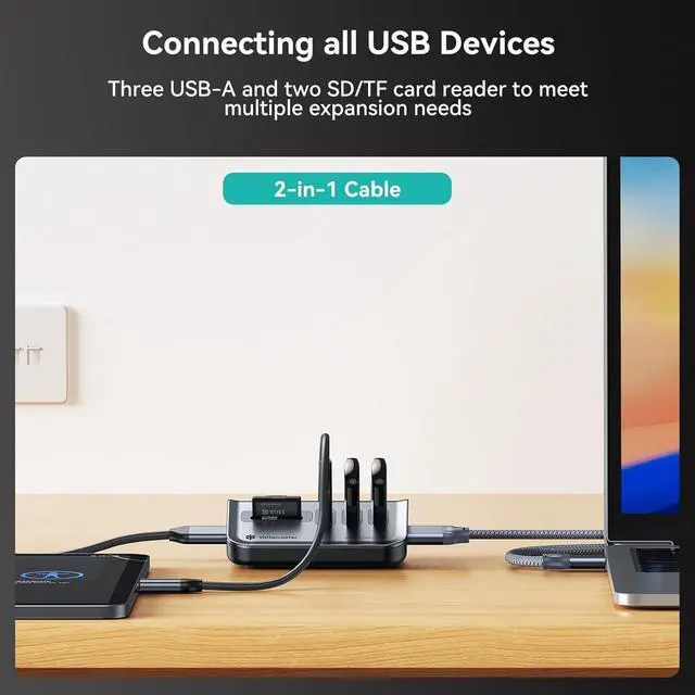 Alt view image 3 of 7 - Yottamaster USB 3.0 Hub 5 Ports,USB Hub 5V/2A, Type C to USB 3.2 Gen1 Data Hub with 3USB-A & SD/TF Card Reader for Laptop, Mobile HDD, and More(1.6ft)