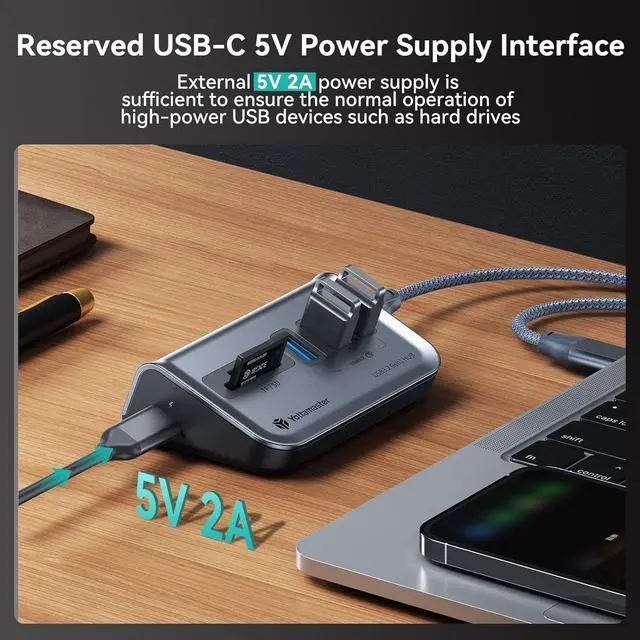 Alt view image 7 of 7 - Yottamaster USB 3.0 Hub 5 Ports,USB Hub 5V/2A, Type C to USB 3.2 Gen1 Data Hub with 3USB-A & SD/TF Card Reader for Laptop, Mobile HDD, and More(1.6ft)